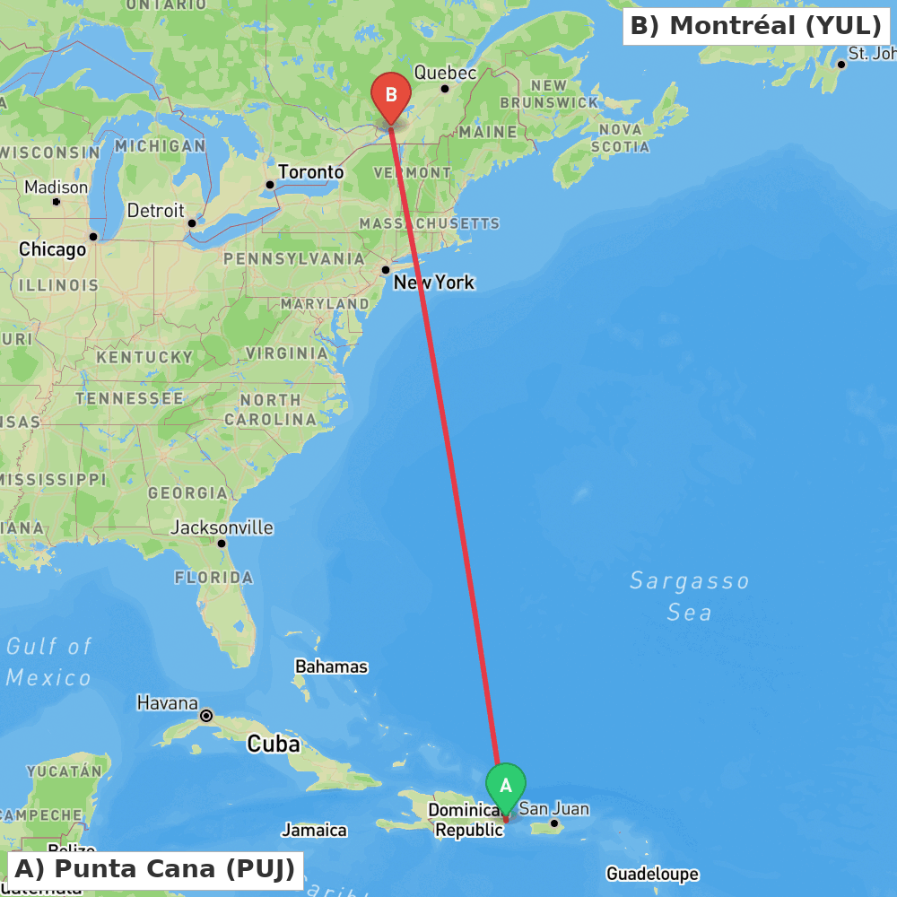 Flight route map from Punta Cana to Montréal