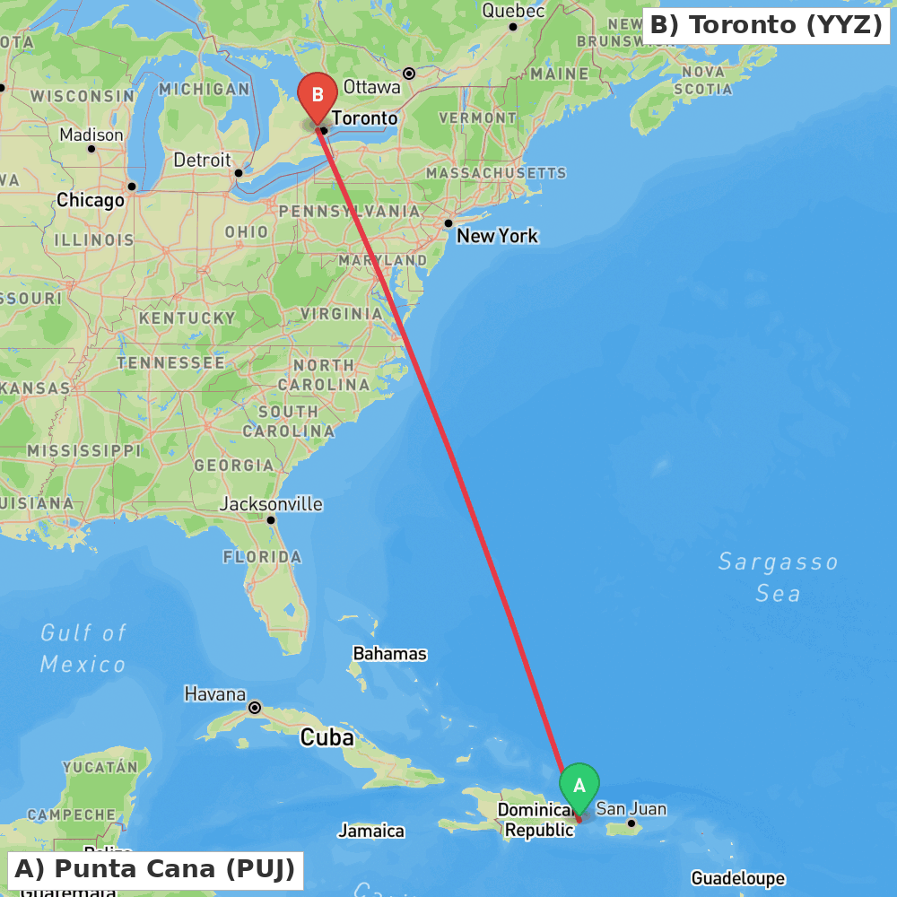 Flight route map from Punta Cana to Toronto