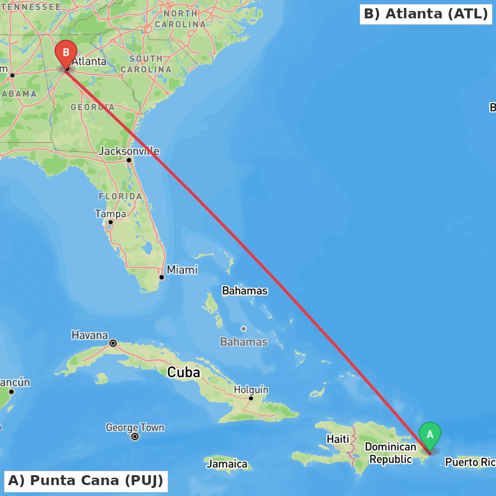 Flight route map from Punta Cana to Atlanta