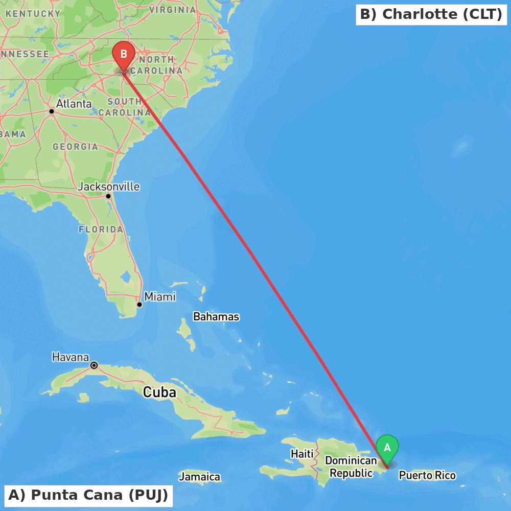 Flight route map from Punta Cana to Charlotte
