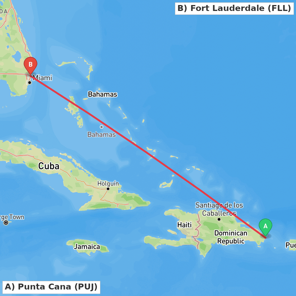 Flight route map from Punta Cana to Fort Lauderdale
