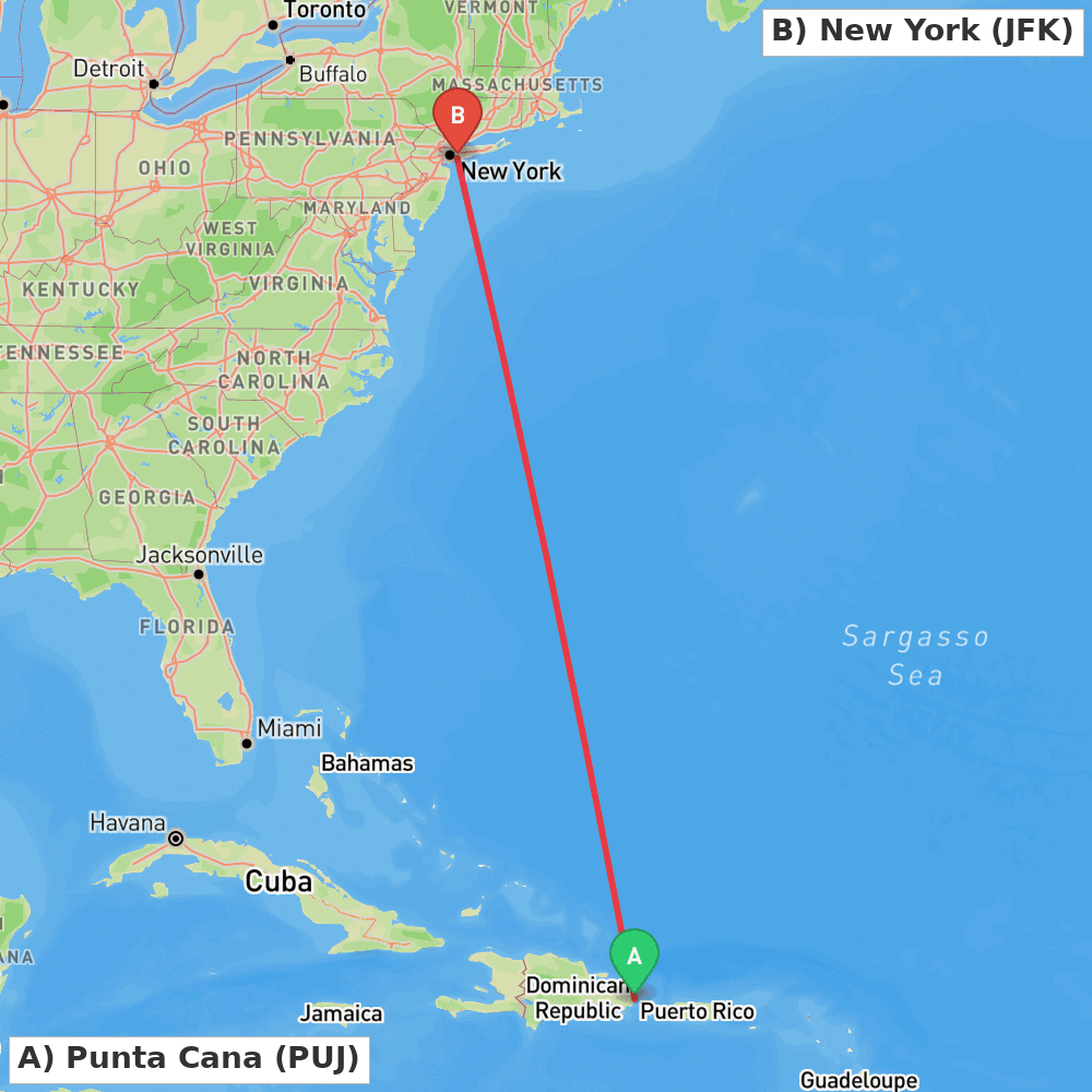 Flight route map from Punta Cana to New York
