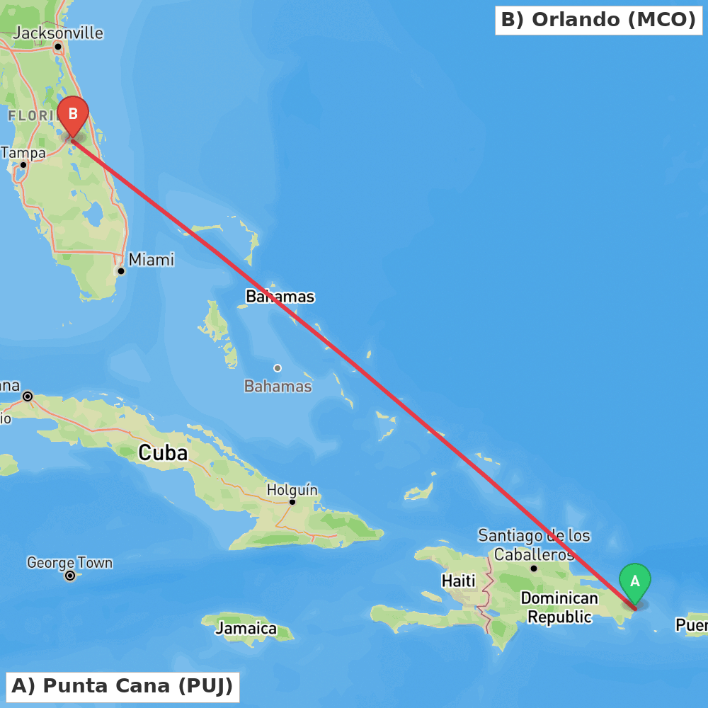 Flight route map from Punta Cana to Orlando