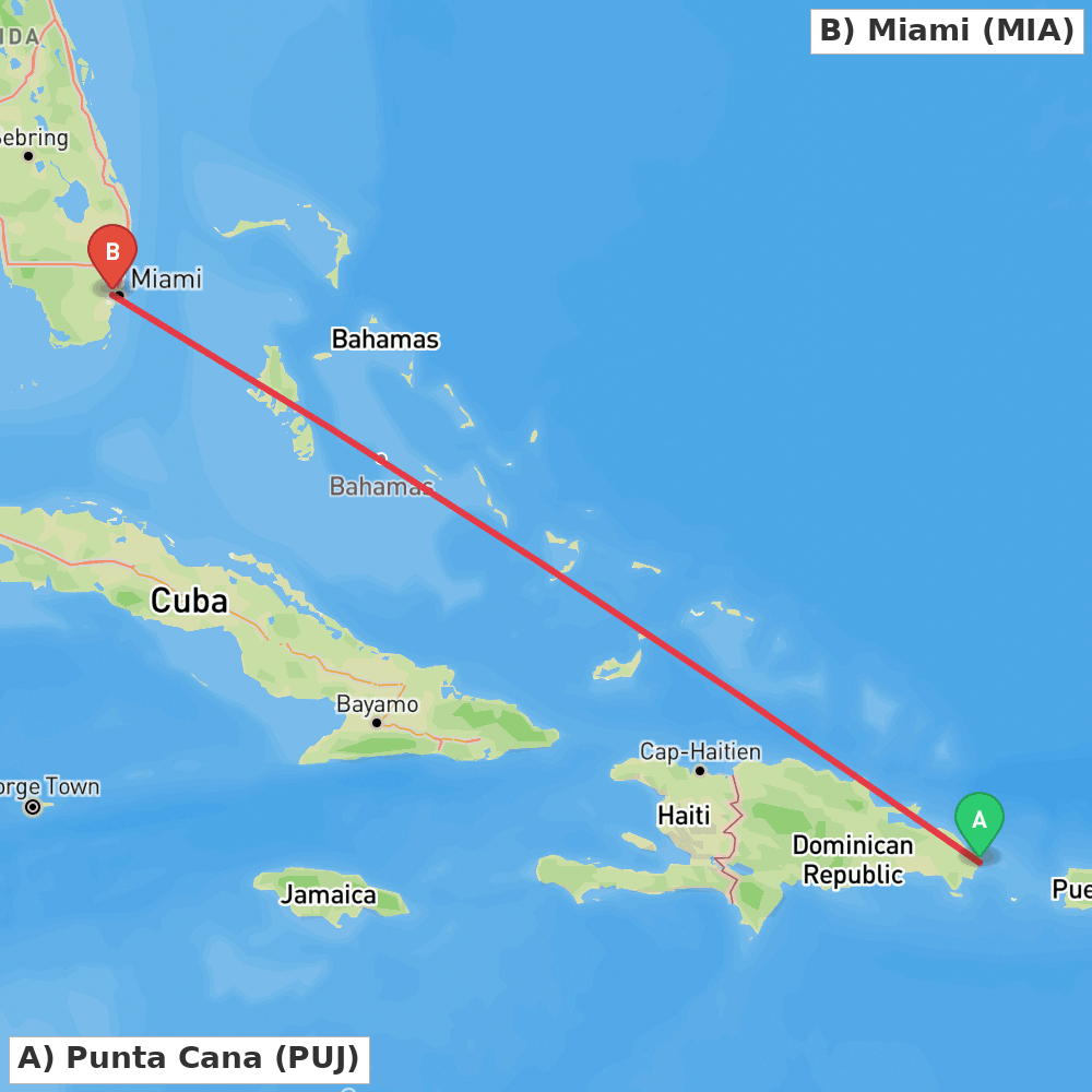 Flight route map from Punta Cana to Miami