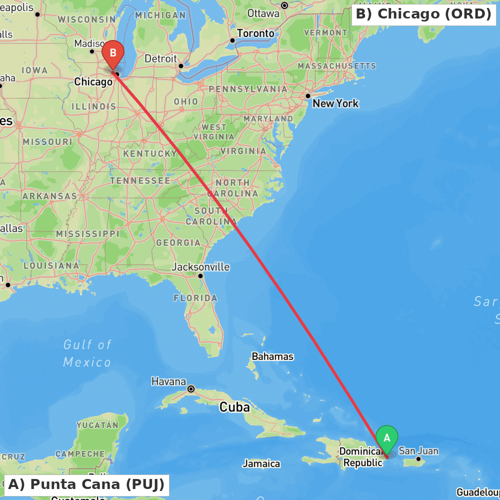 Flight route map from Punta Cana to Chicago