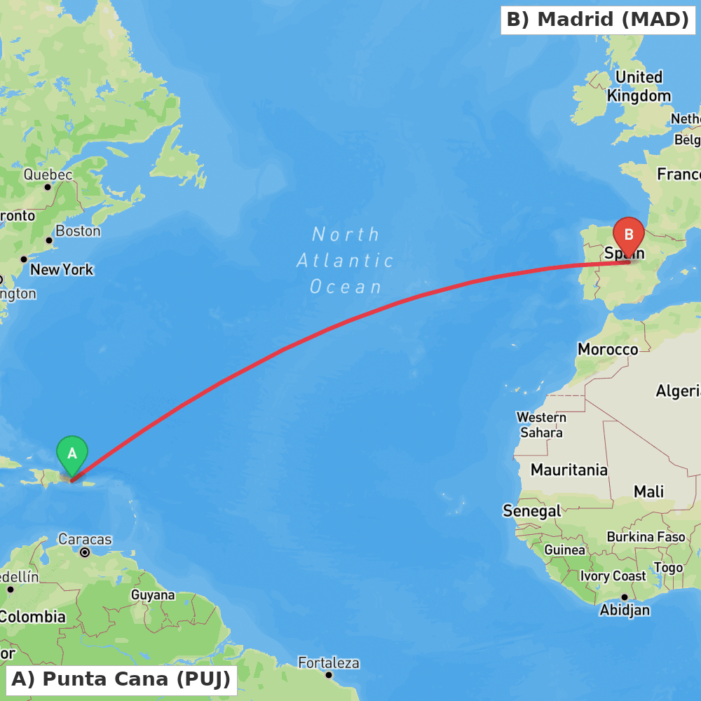 Flight route map from Punta Cana to Madrid