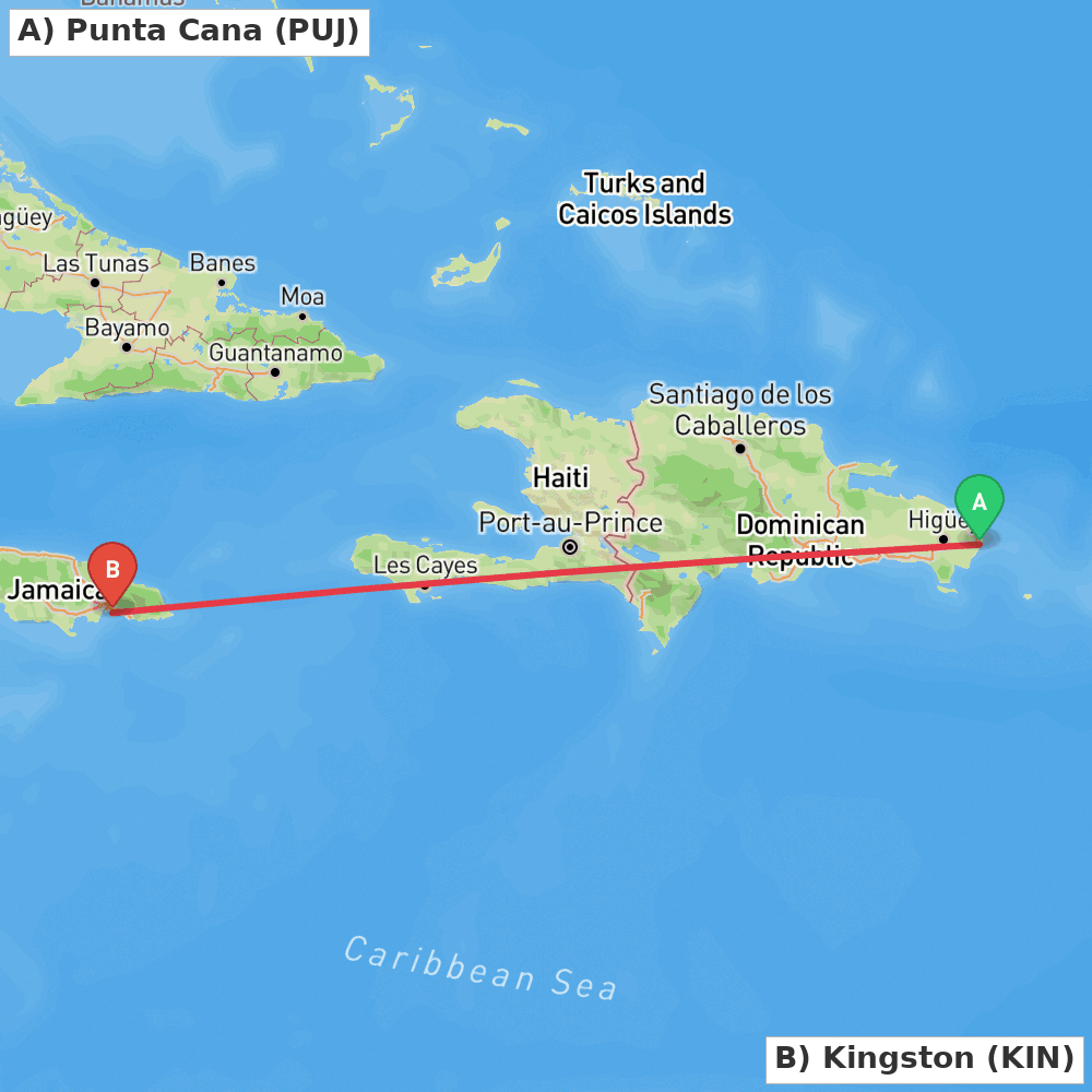 Flight route map from Punta Cana to Kingston