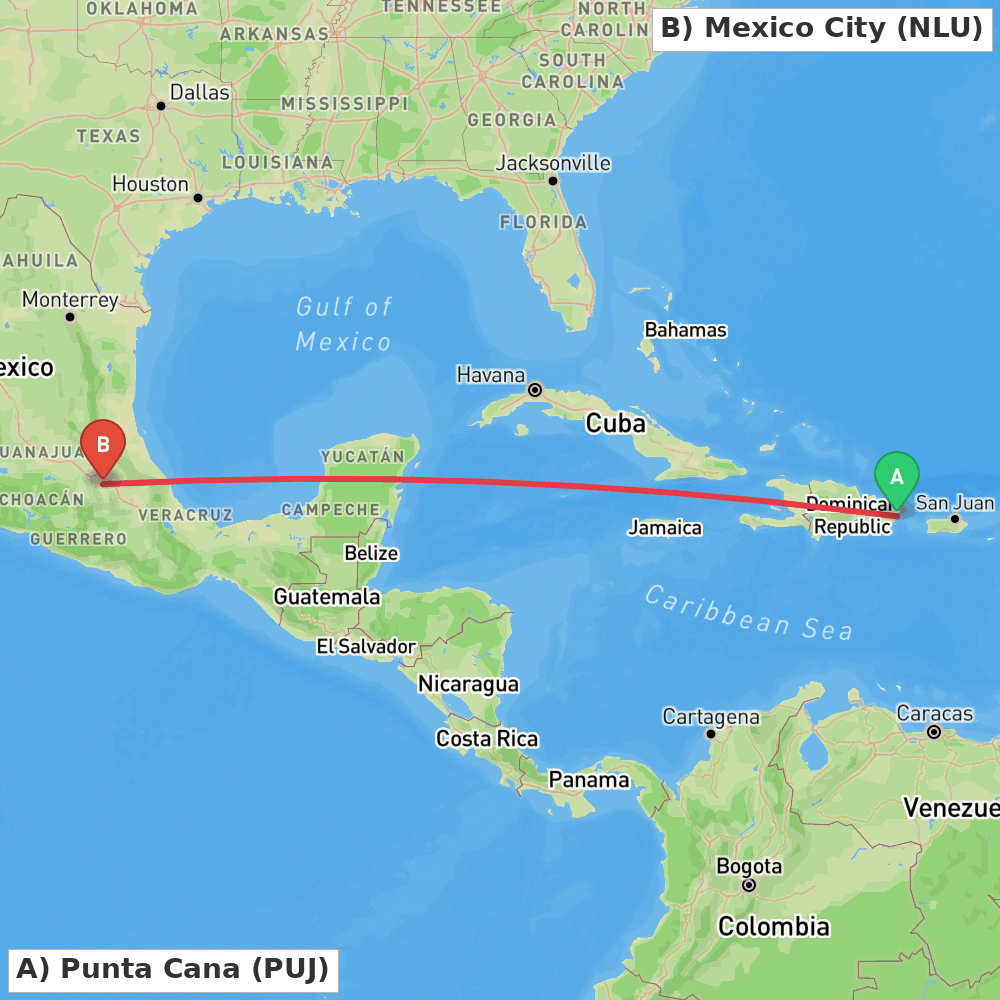 Flight route map from Punta Cana to Mexico City