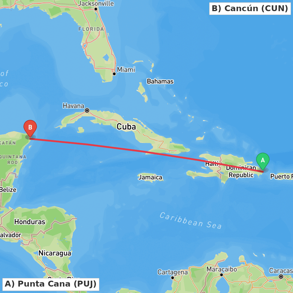 Flight route map from Punta Cana to Cancún