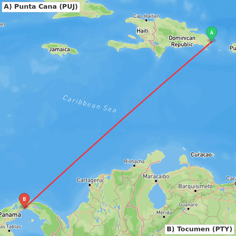 Flight route map from Punta Cana to Tocumen