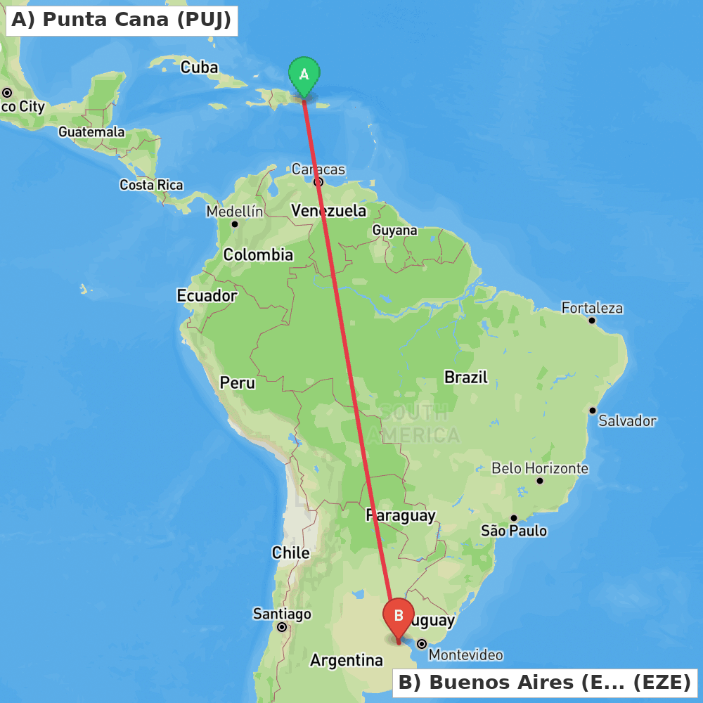 Flight route map from Punta Cana to Buenos Aires (Ezeiza)
