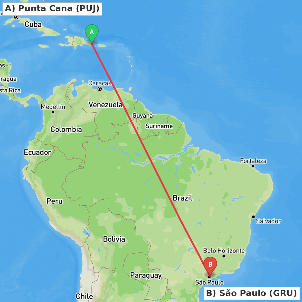 Flight route map from Punta Cana to São Paulo