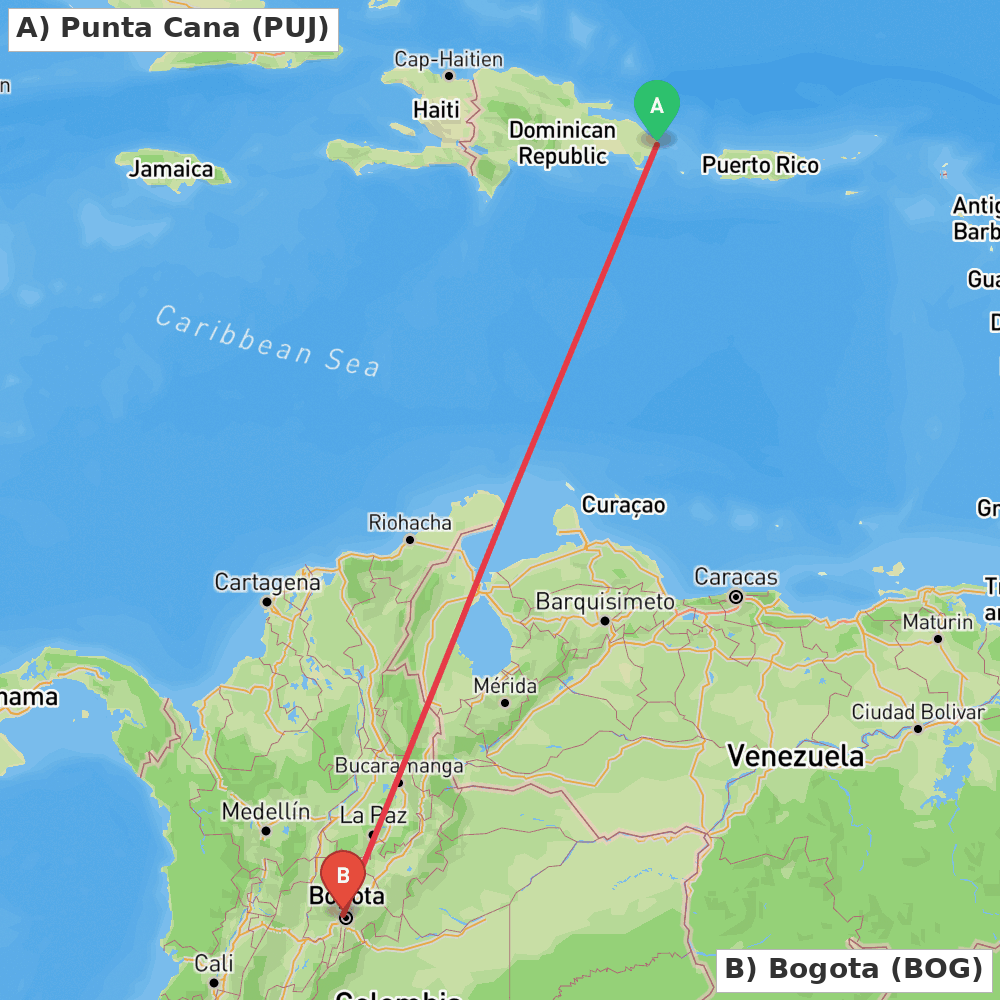 Flight route map from Punta Cana to Bogota
