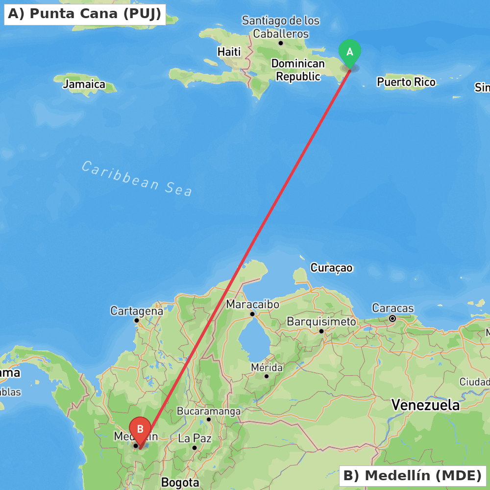Flight route map from Punta Cana to Medellín