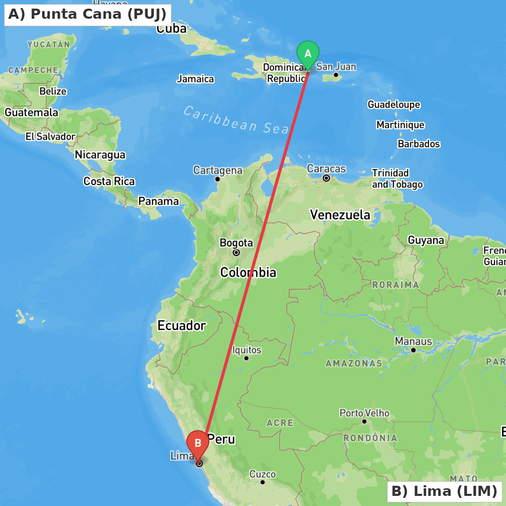 Flight route map from Punta Cana to Lima
