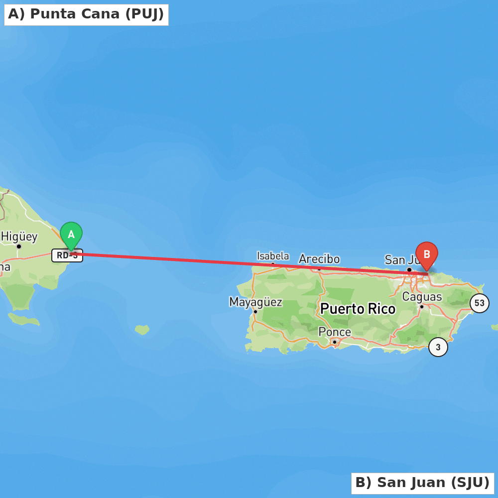Flight route map from Punta Cana to San Juan