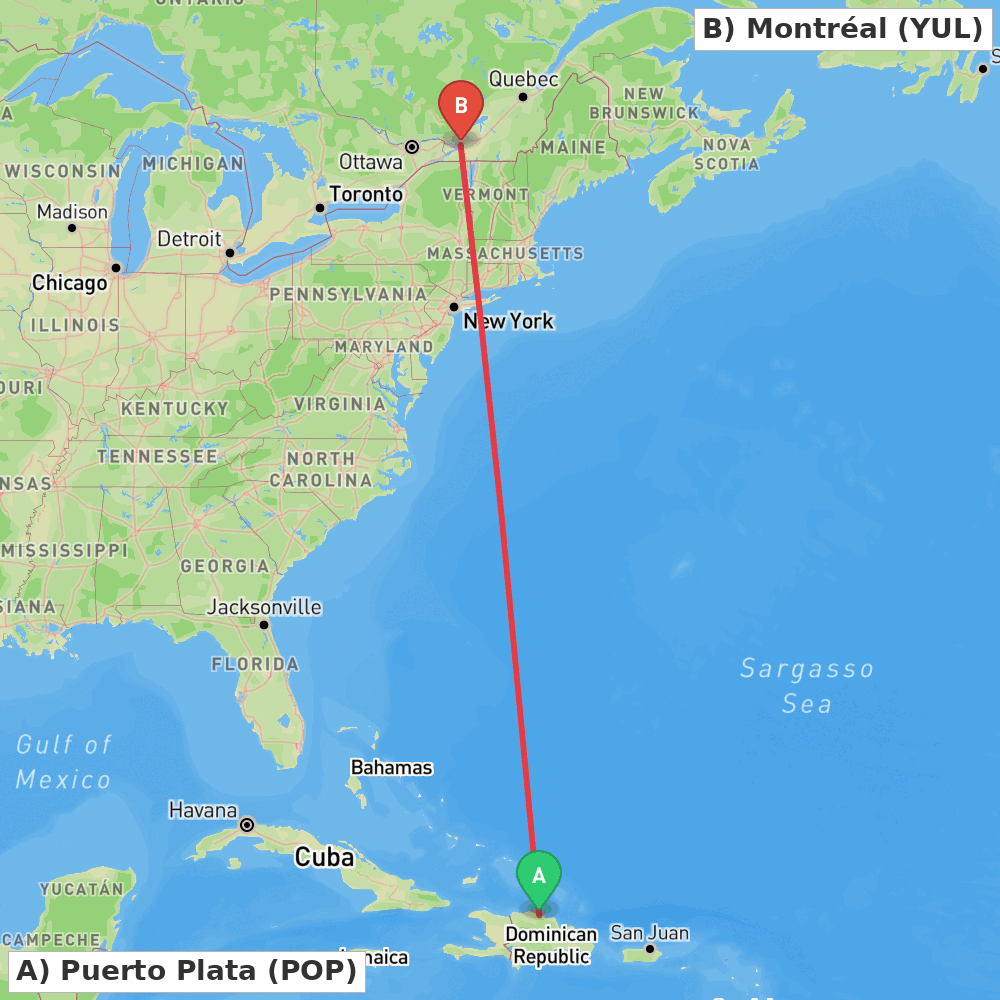 Flight route map from Puerto Plata to Montréal
