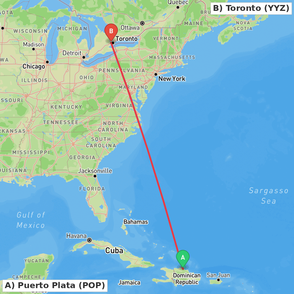 Flight route map from Puerto Plata to Toronto