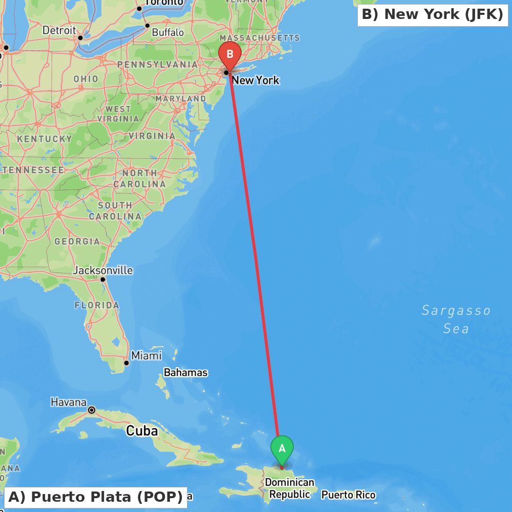Flight route map from Puerto Plata to New York