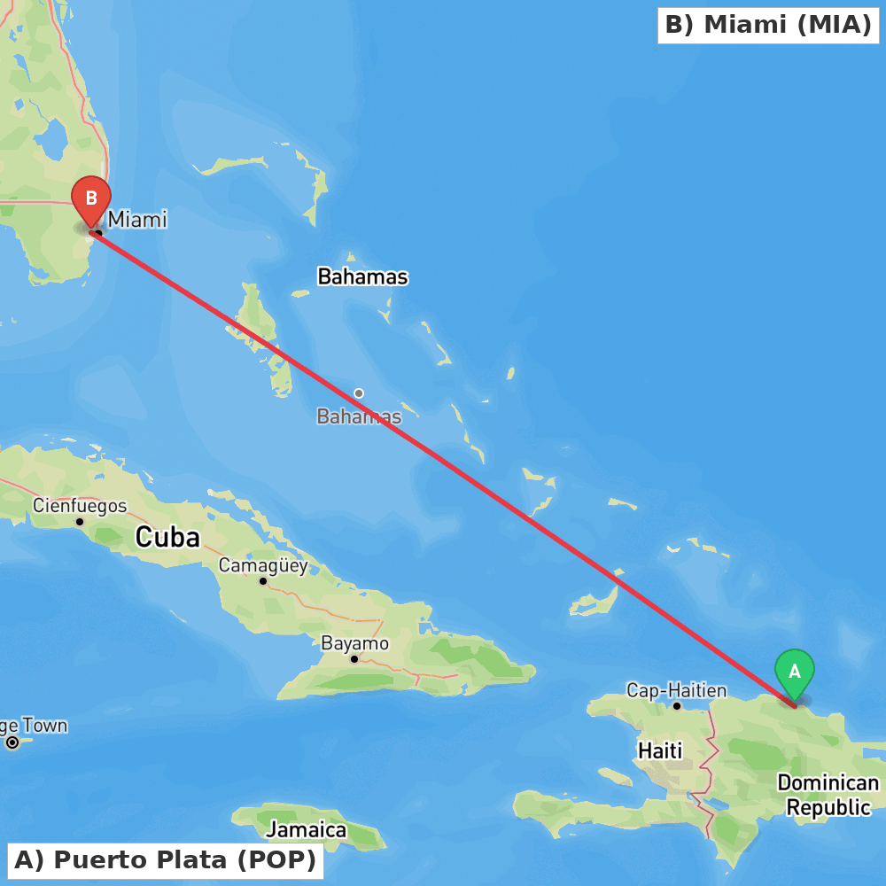 Flight route map from Puerto Plata to Miami