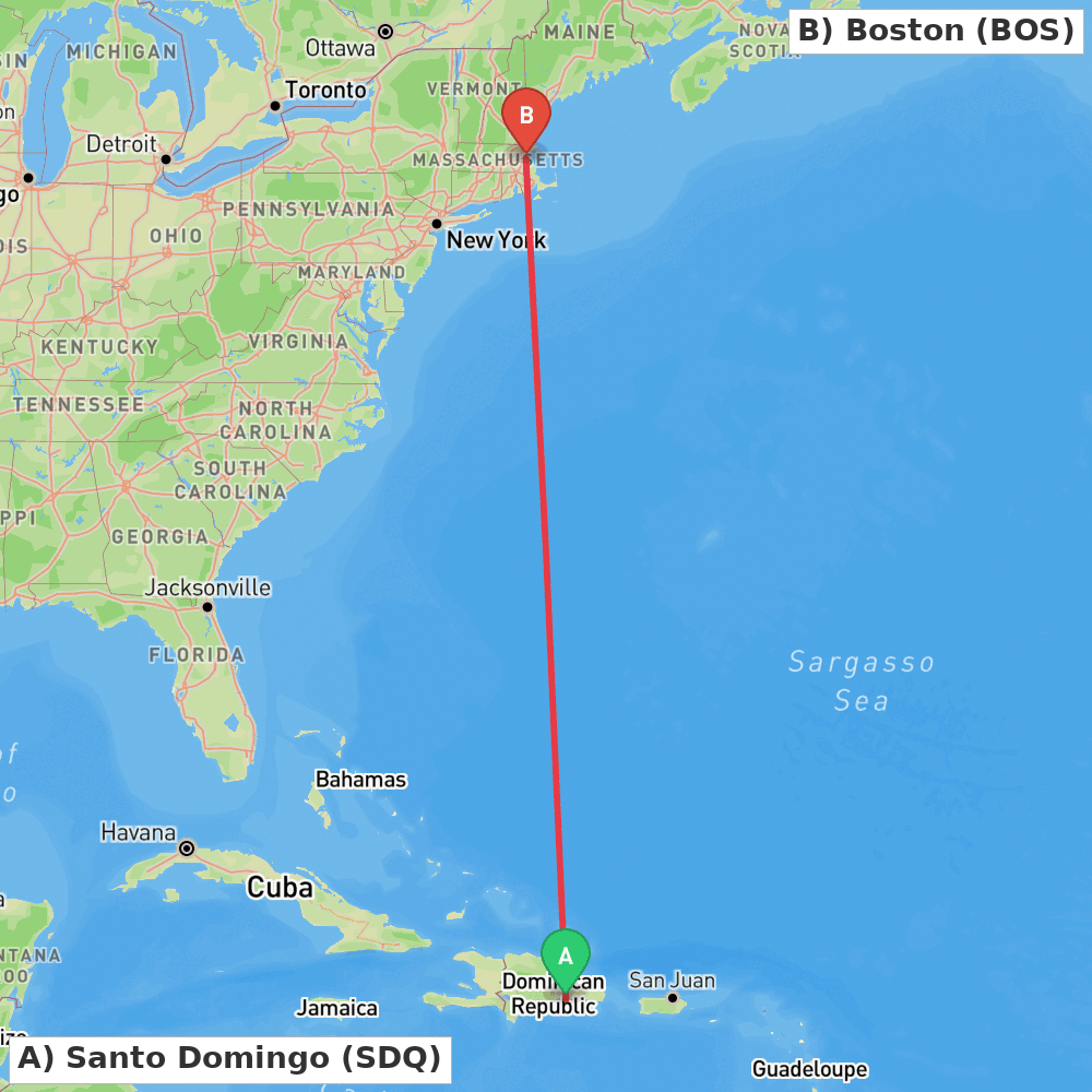 Flight route map from Santo Domingo to Boston