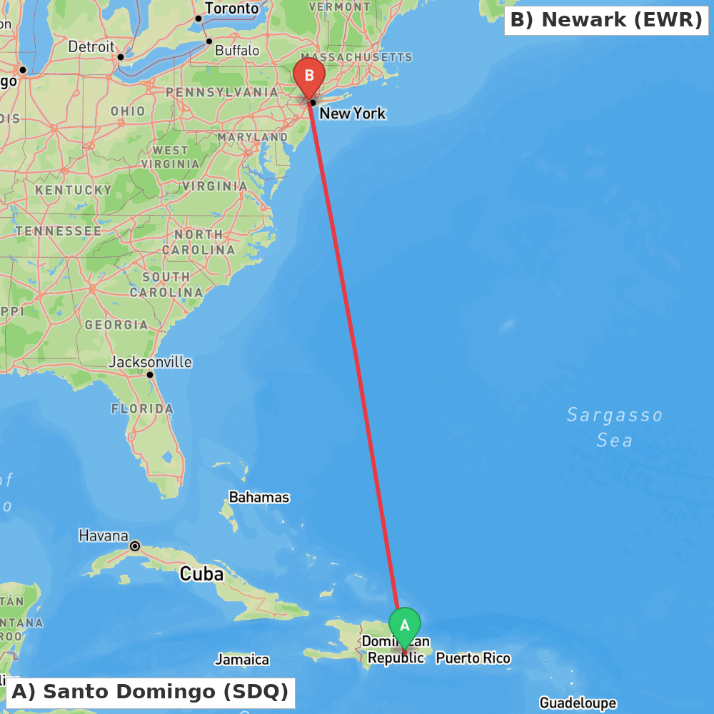 Flight route map from Santo Domingo to Newark
