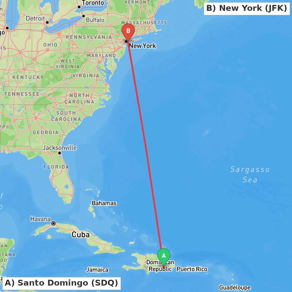 Flight route map from Santo Domingo to New York
