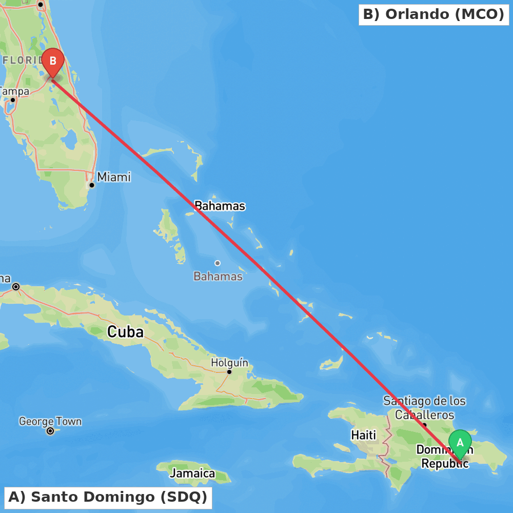 Flight route map from Santo Domingo to Orlando