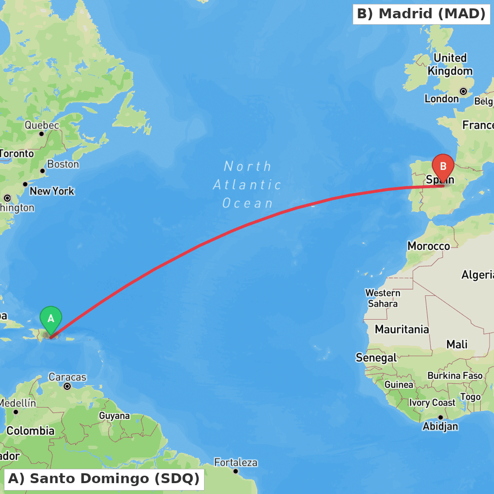 Flight route map from Santo Domingo to Madrid