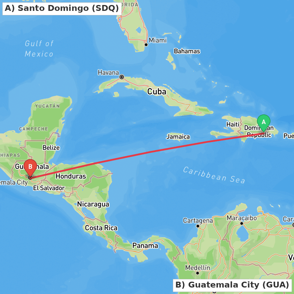 Flight route map from Santo Domingo to Guatemala City