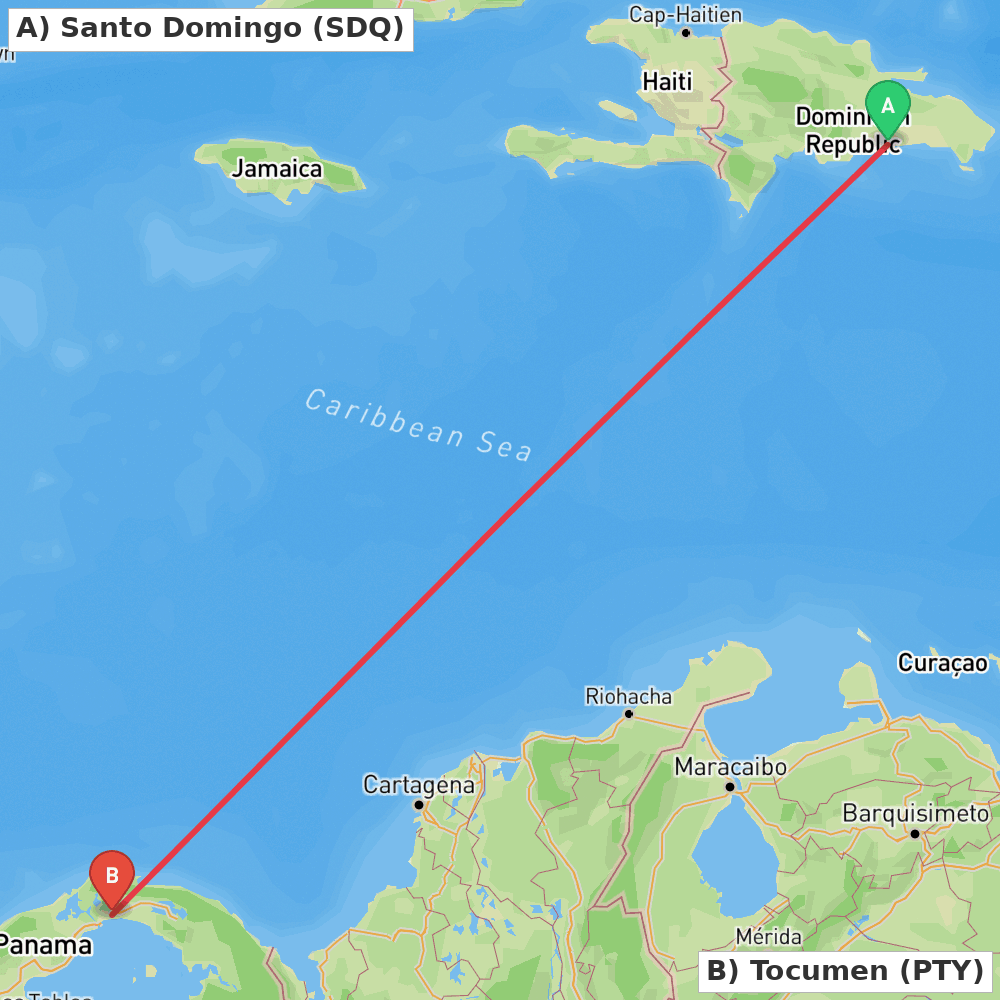 Flight route map from Santo Domingo to Tocumen