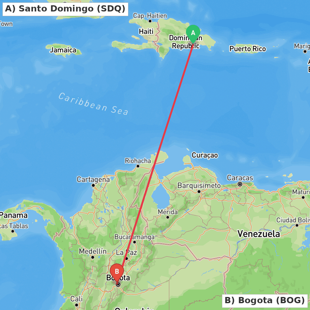 Flight route map from Santo Domingo to Bogota