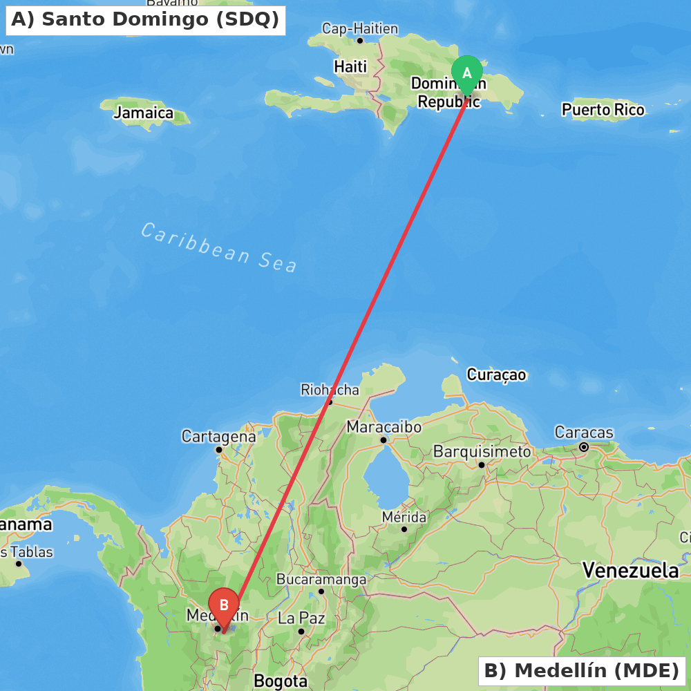 Flight route map from Santo Domingo to Medellín