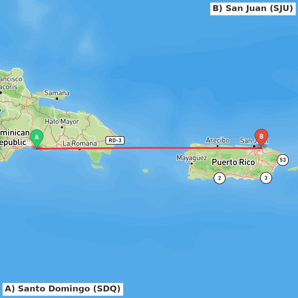 Flight route map from Santo Domingo to San Juan
