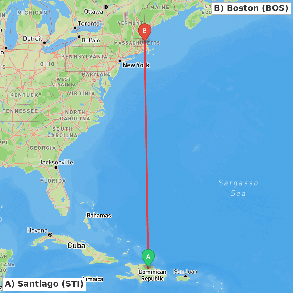 Flight route map from Santiago to Boston