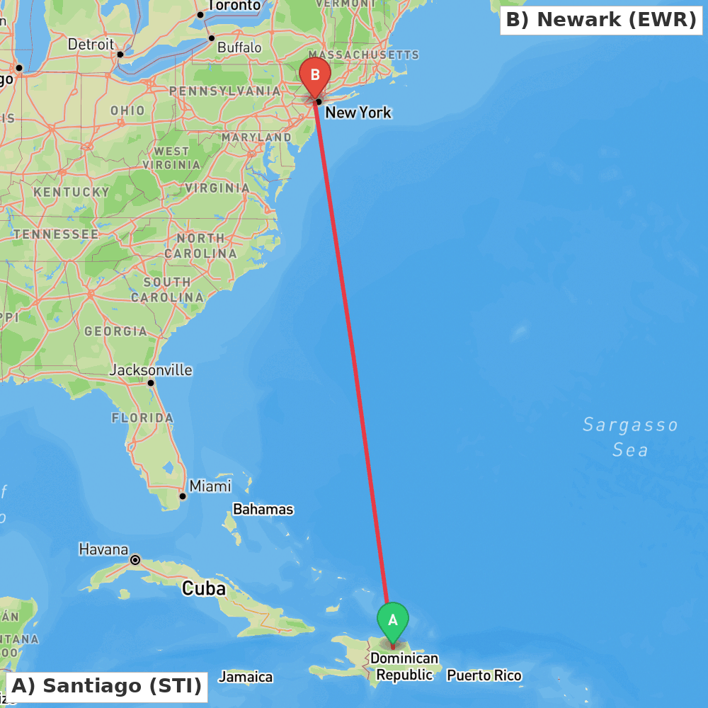 Flight route map from Santiago to Newark