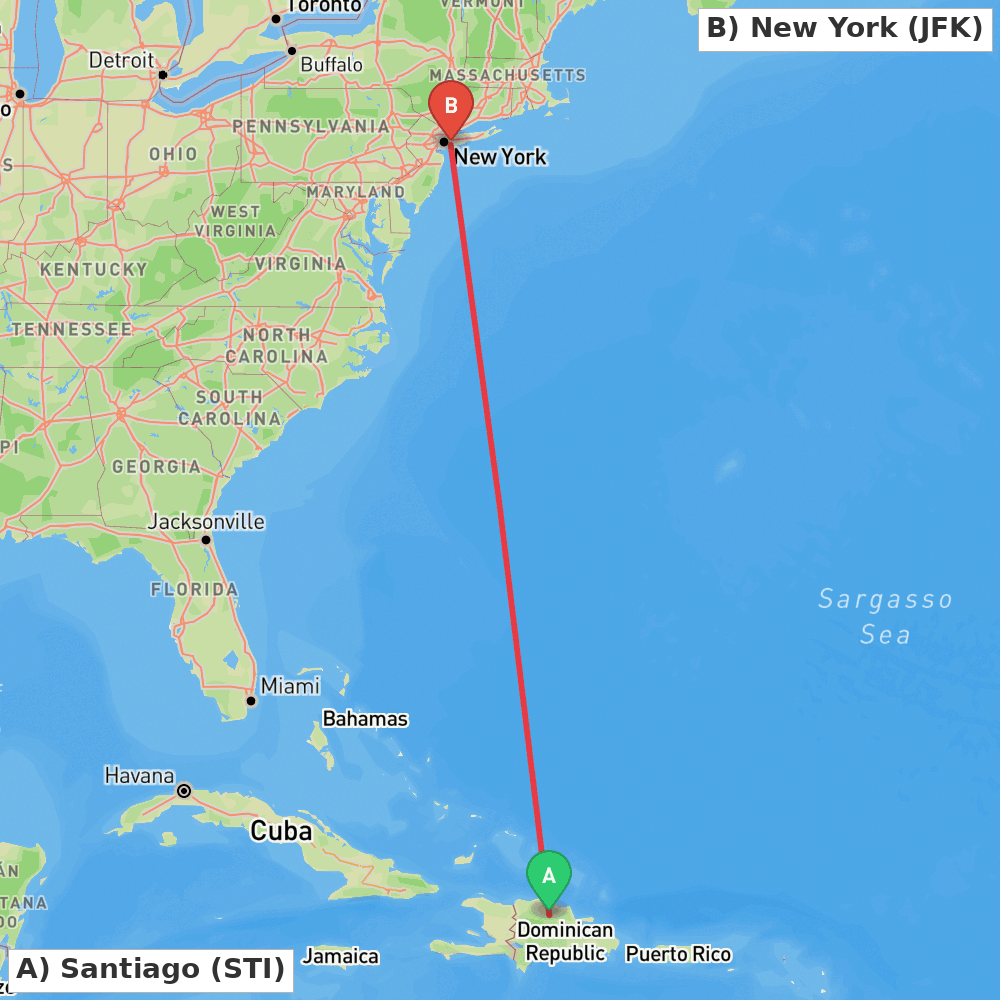Flight route map from Santiago to New York