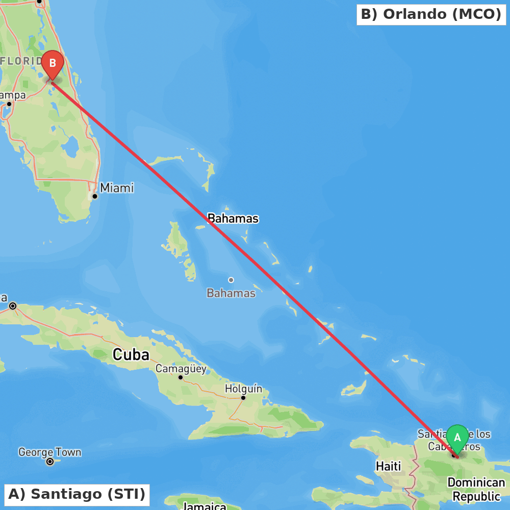 Flight route map from Santiago to Orlando