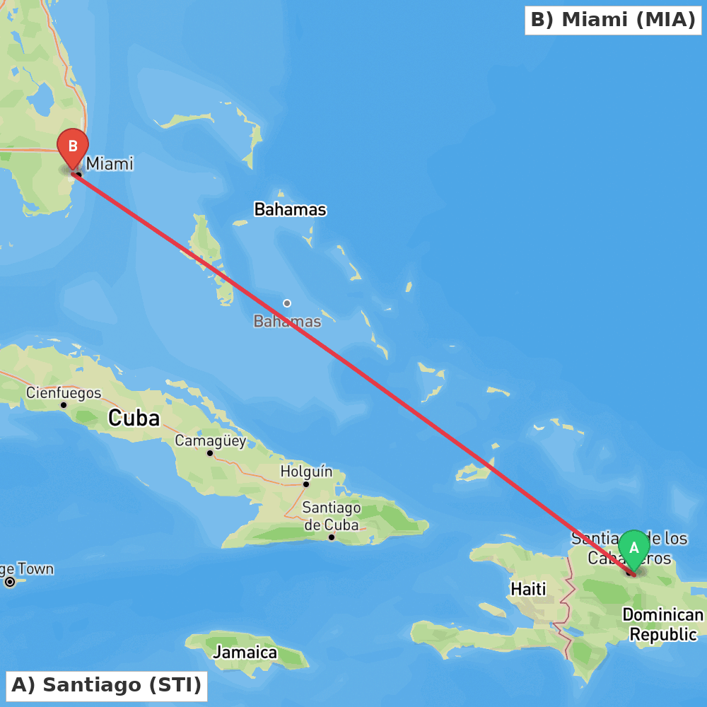 Flight route map from Santiago to Miami