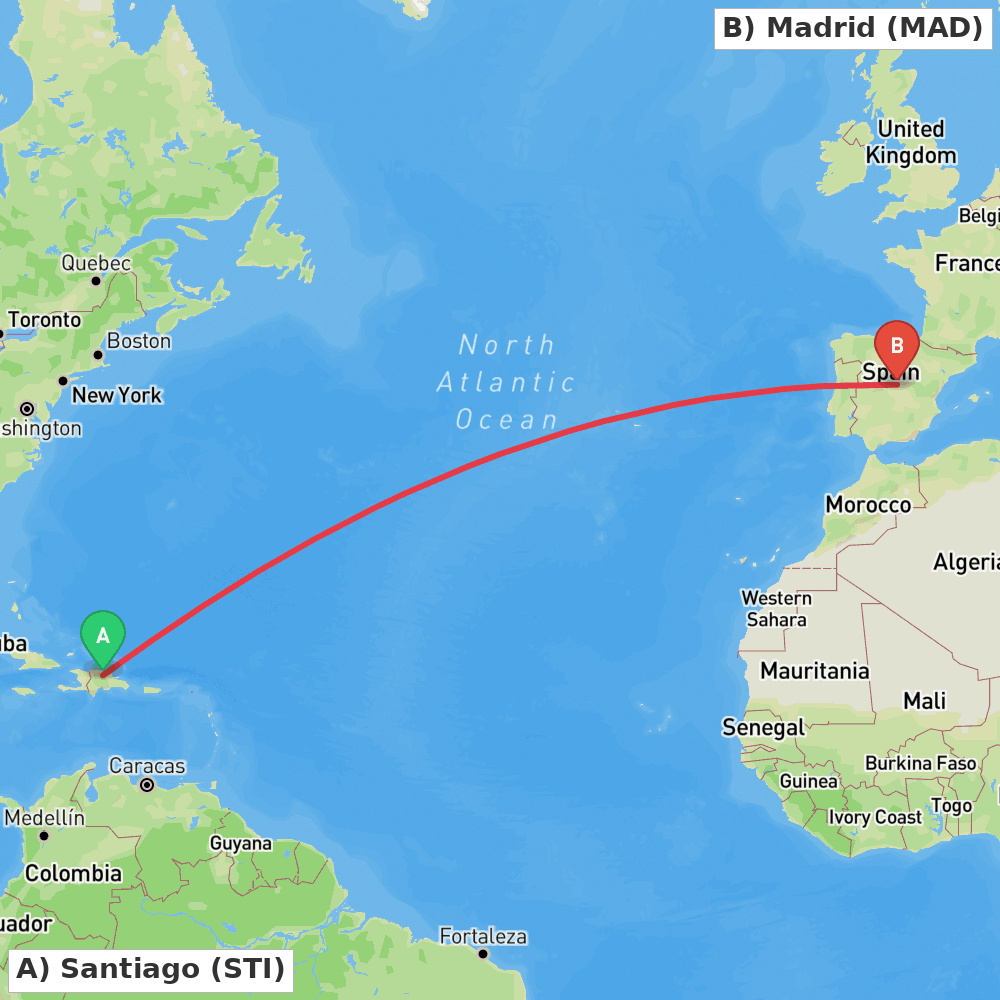 Flight route map from Santiago to Madrid