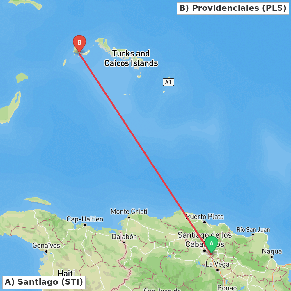 Flight route map from Santiago to Providenciales