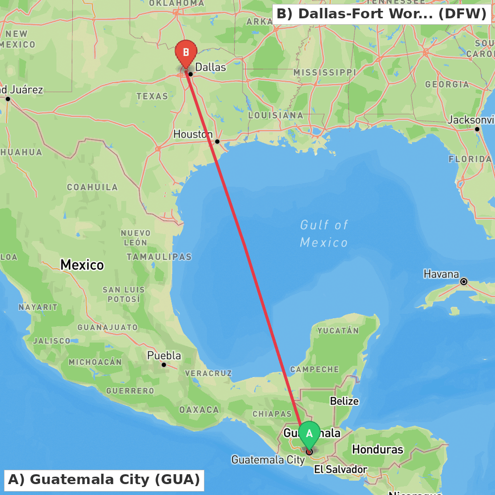 Flight route map from Guatemala City to Dallas-Fort Worth