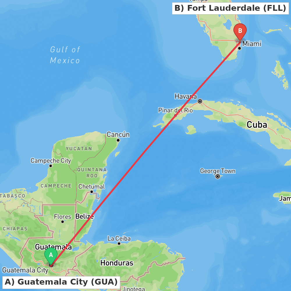 Flight route map from Guatemala City to Fort Lauderdale