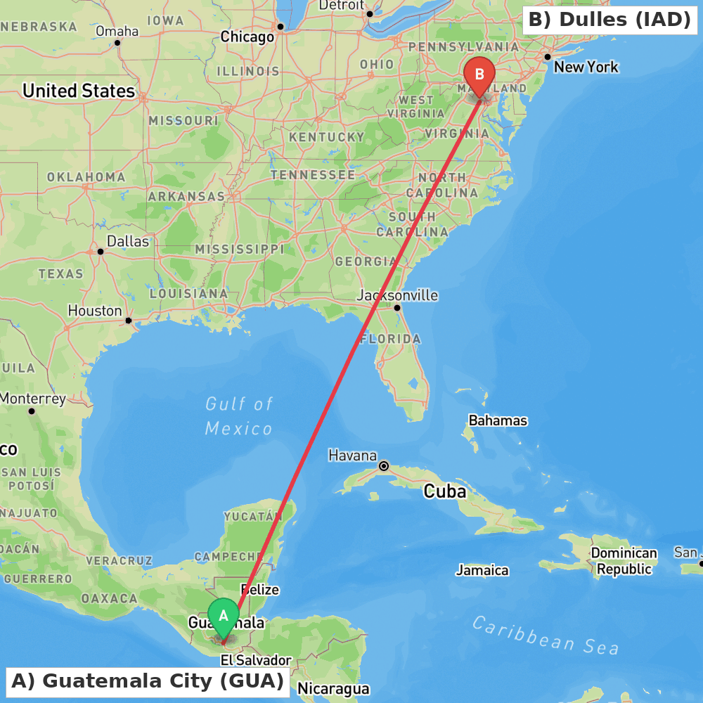 Flight route map from Guatemala City to Dulles