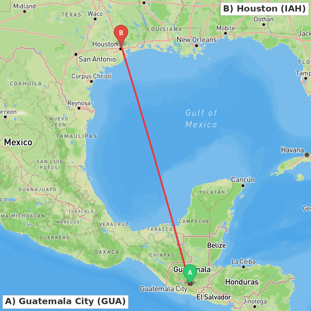 Flight route map from Guatemala City to Houston
