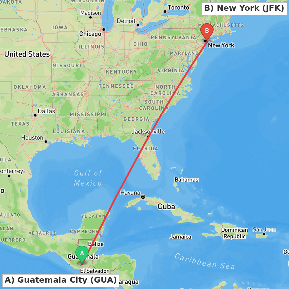 Flight route map from Guatemala City to New York