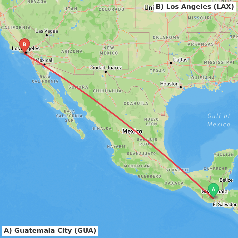 Flight route map from Guatemala City to Los Angeles