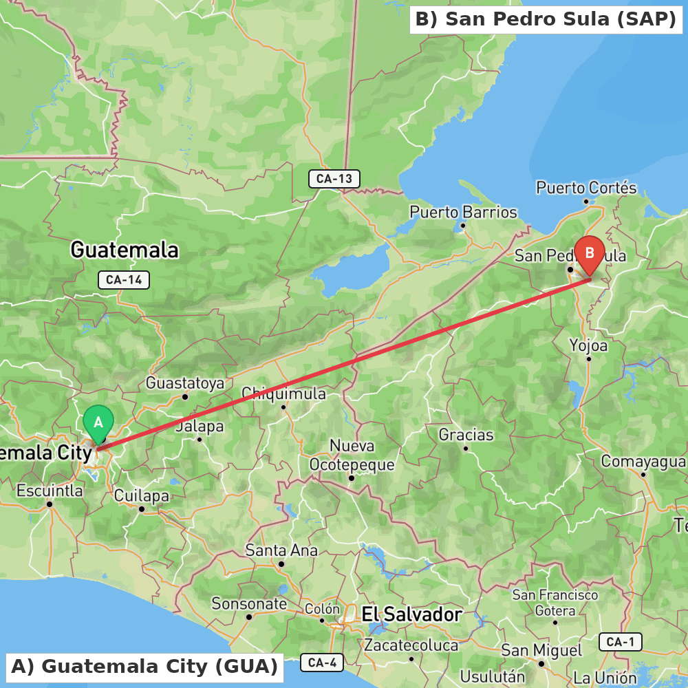 Flight route map from Guatemala City to San Pedro Sula