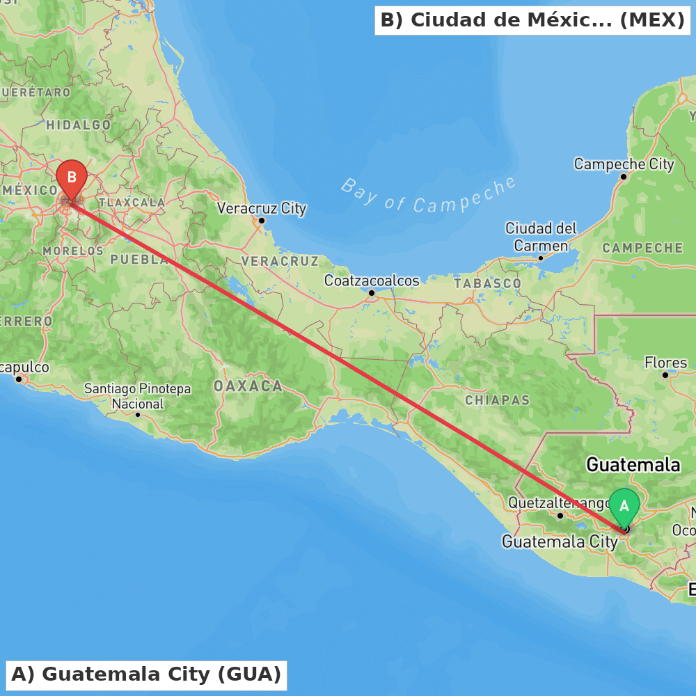 Flight route map from Guatemala City to Ciudad de México