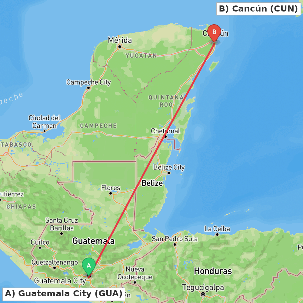 Flight route map from Guatemala City to Cancún